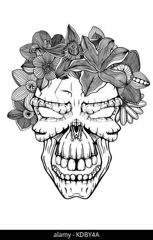 Il cranio con le piante grasse e fiori. illustrazione vettoriale. Illustrazione Vettoriale