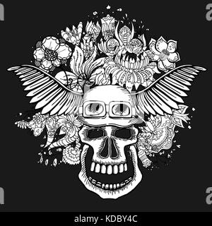 Il cranio con le piante grasse e fiori. illustrazione vettoriale. Illustrazione Vettoriale