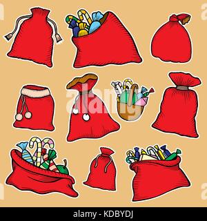 Serie di bellissimi sacchetto rosso Babbo Natale con i doni, caramelle e cioccolatini per i bambini. Illustrazione Vettoriale