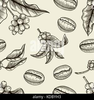 Bacche, foglie e germogli e grani di caffè - seamless pattern, Line art. Illustrazione Vettoriale