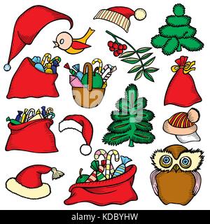 Patch colorati distintivi di differenti buon natale attributi. set di felice anno nuovo adesivi, perni, magneti in cartoon lo stile comico. Illustrazione Vettoriale