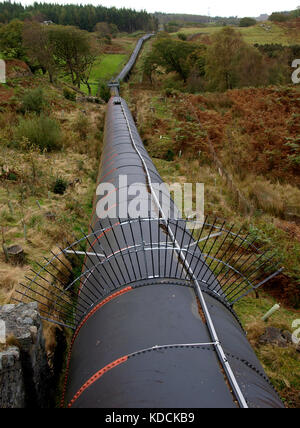 La pipeline porta acqua da llyn trawsfynydd due miglia dalla diga di maentwrog di maentwrog power station. gwynedd, Snowdonia National Park, Nord Foto Stock