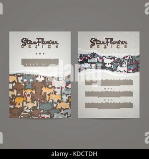 Set di modelli di biglietto con Cartoon carino cani e gatti con diverse emozioni. Illustrazione Vettoriale