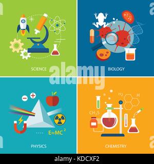 Il concetto di scienza ,fisica ,chemistry, biologia design piatto Illustrazione Vettoriale