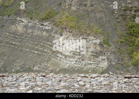 Roccia caduti sulla spiaggia e strati di roccia nelle scogliere vicino a Penarth Testa, Penarth, Wales, Regno Unito Foto Stock