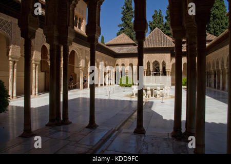 Alhambra 'Patio de Los Leones " Granada scena in interni, i turisti in visita a l'ultima architettura araba costruzione in Europa Foto Stock