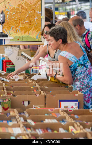 Dordrecht, Paesi Bassi - 7 luglio 2013: visitatori presso l annuale del mercato del libro a dordrecht la ricerca di libri in scatole di cartone e il mercato attrae 7500 Foto Stock