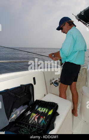 Un pescatore a mosca la colata la sua canna da mosca e cercando kingfish su una linea di erbaccia da offshore Freeport Texas Foto Stock