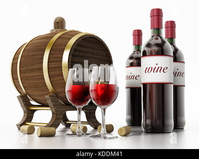 Le bottiglie di vino, tappi, bicchieri e canna isolati su sfondo bianco. 3d'illustrazione. Foto Stock