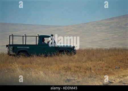 Ranger custodendo il rinoceronte nero, il cratere di Ngorongoro, Tanzania Foto Stock