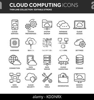Il cloud omputing. La tecnologia di internet. servizi online. i dati e le informazioni di sicurezza. connessione. thin line web icon set. Delineare raccolta di icone.illustrazione vettoriale. Illustrazione Vettoriale