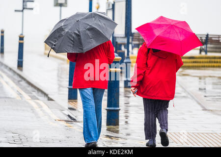 Aberystwyth Wales UK, Venerdì 13 Ottobre 2017 UK tempo: Sfortunato per alcuni , Venerdì il 13th è un giorno coperto, bagnato e ventoso in Aberystwyth Wales. Il tempo è previsto per migliorare nel corso del fine settimana, con un pennacchio di aria calda che soffia dal continente, con una possibilità di temperature nei bassi 20 ° celsius in parti del sud e sud mangia dell'Inghilterra Foto © Keith Morris / Alamy Live News Foto Stock