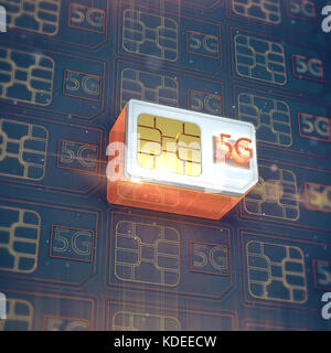 White 5g scheda sim con preriscaldo e razzi al di sopra del neon di carte SIM modello 3D render mobile ad alta velocità il concetto di comunicazioni Foto Stock
