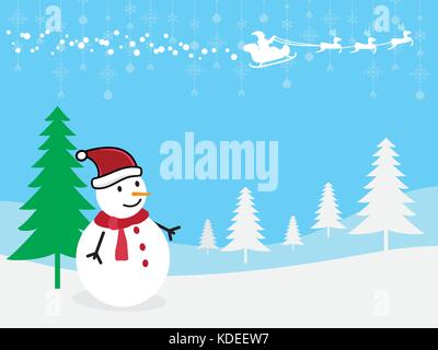 Natale biglietto di auguri pupazzo di neve con Babbo Natale e renne illustrazione vettoriale. Illustrazione Vettoriale