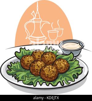 Illustrazione di cibo arabo falafel con lattuga e salsa su piastra Illustrazione Vettoriale