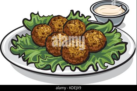 Illustrazione della tradizionale araba falafel con lattuga e salsa su piastra Illustrazione Vettoriale