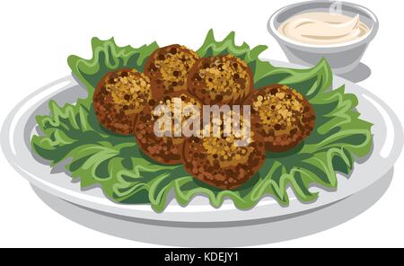 Illustrazione della tradizionale araba falafel salsa e sulla piastra Illustrazione Vettoriale