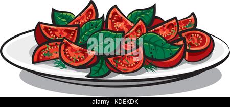 Illustrazione di insalata di pomodori freschi con foglie di basilico sulla piastra Illustrazione Vettoriale