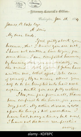 Lettera firmata EDW. Bates (Edward Bates), Washington, a James B. Eads, St. Louis, 31 Gennaio 1864 Foto Stock
