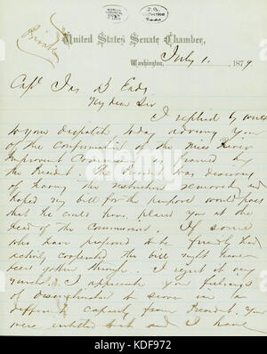 Questa lettera, firmata da T.W. Ferry della camera del Senato degli Stati Uniti a Washington, è indirizzata a James B. Eads, un importante ingegnere americano, datata 1 luglio 1879. È un pezzo chiave della corrispondenza della fine del XIX secolo. Foto Stock