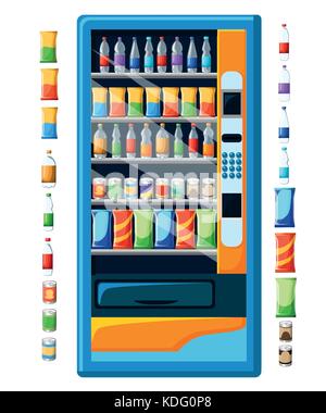 Vintage vending machine poster pubblicitario con spuntini e drinks set di confezionamento di prodotti alimentari e bevande macchine distributrici set design stilizzato illustrat vettore Illustrazione Vettoriale