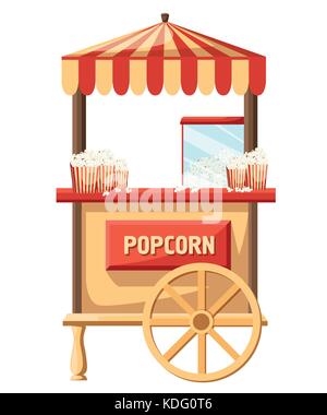 Il popcorn carrello negozio di carnevale e divertimento festival carrello. popcorn cartoon deliziosi piatti gustosi auto retrò. cereali caramellati contenitore venditore snack mercato alimentare vecto piatta Illustrazione Vettoriale