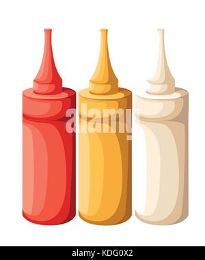 Set di vettore di plastica bianco bianco rosso giallo senape maionese ketchup bottiglia per il branding senza etichetta isolato su sfondo sito web page e mob Illustrazione Vettoriale
