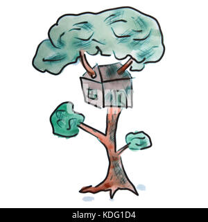 Acquerello tree house viola figura del fumetto, isolato su sfondo bianco Foto Stock