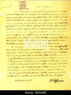 Lettera firmata Thomas Jefferson, Monticello, Col. Larkin Smith, 22 marzo 1812 Foto Stock