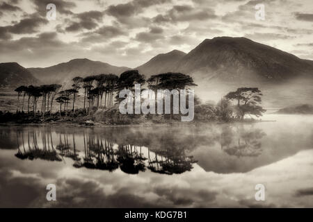 Alba sul lago/lago Derryclare con alcune delle 12 montagne del Ben. Contea di Galway, Connemara, Irlanda Foto Stock