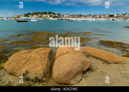 Ploumanach bay e porto sulla costa rocciosa della Côte di Granit Rose Foto Stock