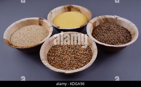 Quattro tipi di cereali in ciotole sullo sfondo scuro. grano, quinoa, lenticchie, polenta piatto stile laici. la dieta e il cibo sano concetto. Foto Stock