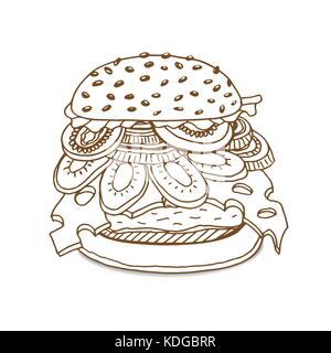 Burger sandwich stile sketch illustrazione vettoriale. antica incisione imitazione. mano bozzetto imitazione Illustrazione Vettoriale