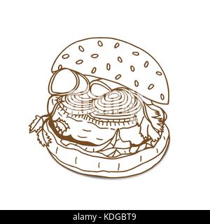 Burger sandwich stile sketch illustrazione vettoriale. antica incisione imitazione. mano bozzetto imitazione Illustrazione Vettoriale