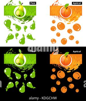 Imposta etichetta icona di pera e albicocca frutta su bianco e nero, il pattern di pere e albicocche, splash sfondo Illustrazione Vettoriale