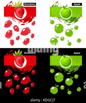 Imposta etichetta icona di fragola e frutto di Apple su bianco e nero, pattern fragola e apple, splash sfondo Illustrazione Vettoriale
