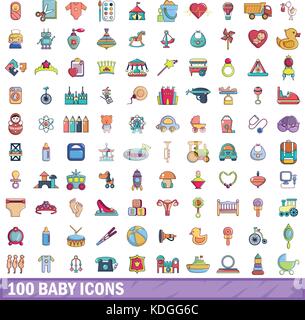 100 baby set di icone, stile cartoon Illustrazione Vettoriale