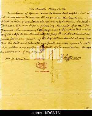 Lettera firmata Thomas Jefferson, Monticello, a William Wharton, 13 maggio 1821 Foto Stock