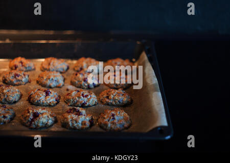 Farina di avena cookie su una placca da forno Foto Stock