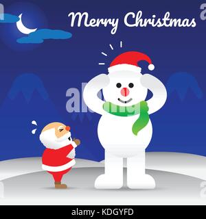 Buon Natale e felice paffuto pupazzo indossa un cappello rosso mentre santa claus è il pianto per esso sul terreno innevato di notte con la luna e il testo bianco Illustrazione Vettoriale