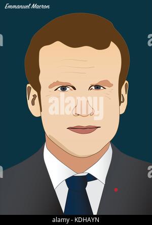 Kiev - Ucraina - 14 ottobre 2017: vettore ritratto di emmanuel macron, presidente della repubblica francese Illustrazione Vettoriale