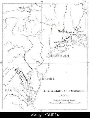 Mappa delle colonie americane nel 1640 colonie europee (New England, Nuova Svezia & nuovi Paesi bassi) del nord america, del XVII secolo. Foto Stock