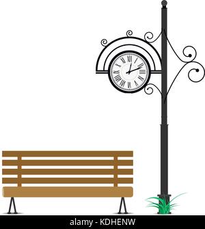 Orologio retrò e panca in legno. orologio vintage in pole ed eleganza da banco per il sedile in posizione di parcheggio. illustrazione vettoriale Illustrazione Vettoriale