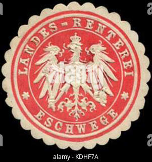 Storico Siegelmarke (marchio di sigillo) delle Landes Renterei Eschwege, che mostra un documento ufficiale di un periodo di tempo specifico. Foto Stock