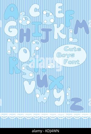 Funny disegnati a mano font per ragazzi piccoli. lettere in colori blu e lettere con puntini bianchi. utile per biglietti da visita, cartoline o per l'altro capretto oggetti. Illustrazione Vettoriale