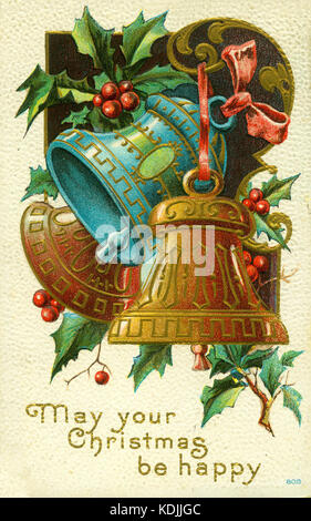 Possa il vostro Natale sia felice. (Tre campane con agrifoglio) Foto Stock
