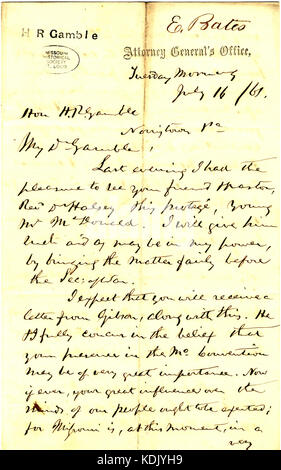 Lettera firmata EDW. Bates (Edward Bates), la Procura Generale, H.R. Il gioco d'azzardo, luglio 16, 1861 Foto Stock