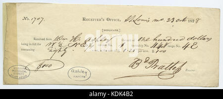 Questa ricevuta registra una transazione tra B. Pratte e William H. Ashley, datata 23 ottobre 1828, per la vendita di terreni. Il documento rappresenta una vendita storica di terreni nella prima storia americana. Foto Stock