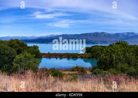 Tekapo, canterbury • Nuova Zelanda due grandi laghi di origine glaciale si trovano nella parte centrale delle Alpi del Sud: pūkaki (LEF Foto Stock