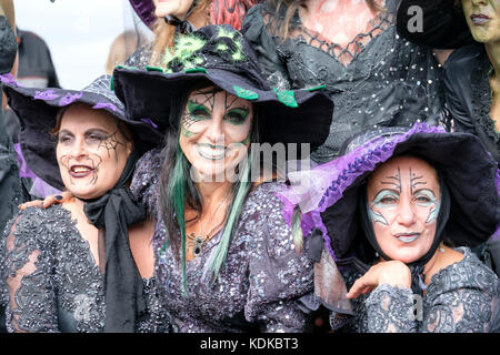 Gruppo di donne vestite con costumi di Halloween come streghe in posa per una fotografia, Port dover, Ontario, Canada Foto Stock